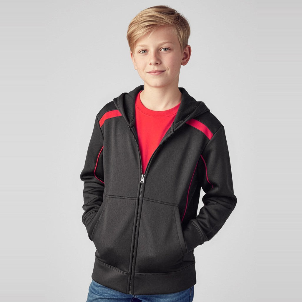 Biz United Kids Hoodie SW310K in Black/Red, worn by model
