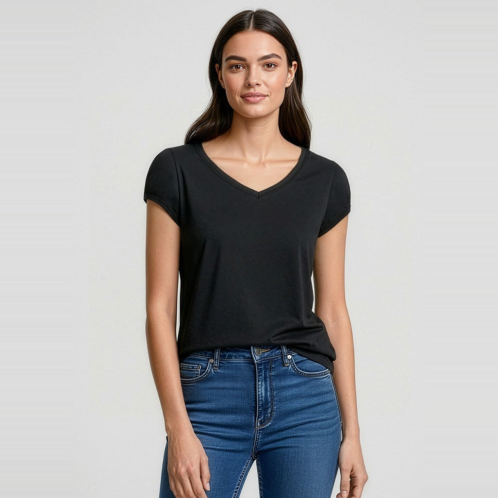 Biz Viva Womens Short Sleeve Tee T403L in Black, worn by model