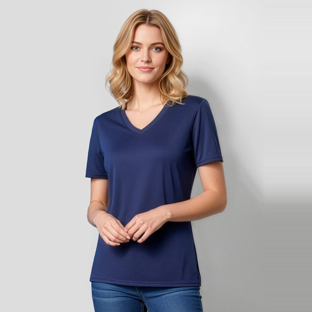 Biz Aero Womens Short Sleeve Tee T800LS in Navy, worn by model
