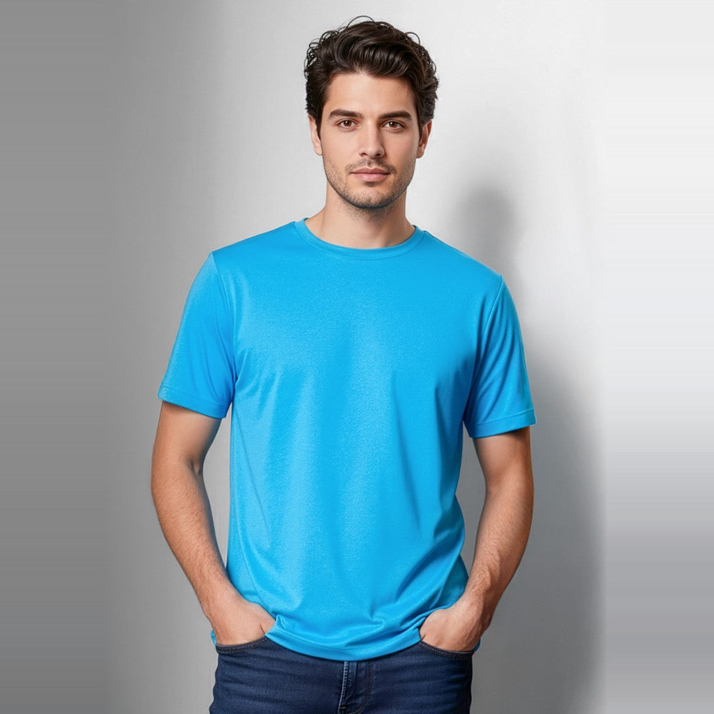 Biz Aero Mens Short Sleeve Tee T800MS in Cyan, worn by model