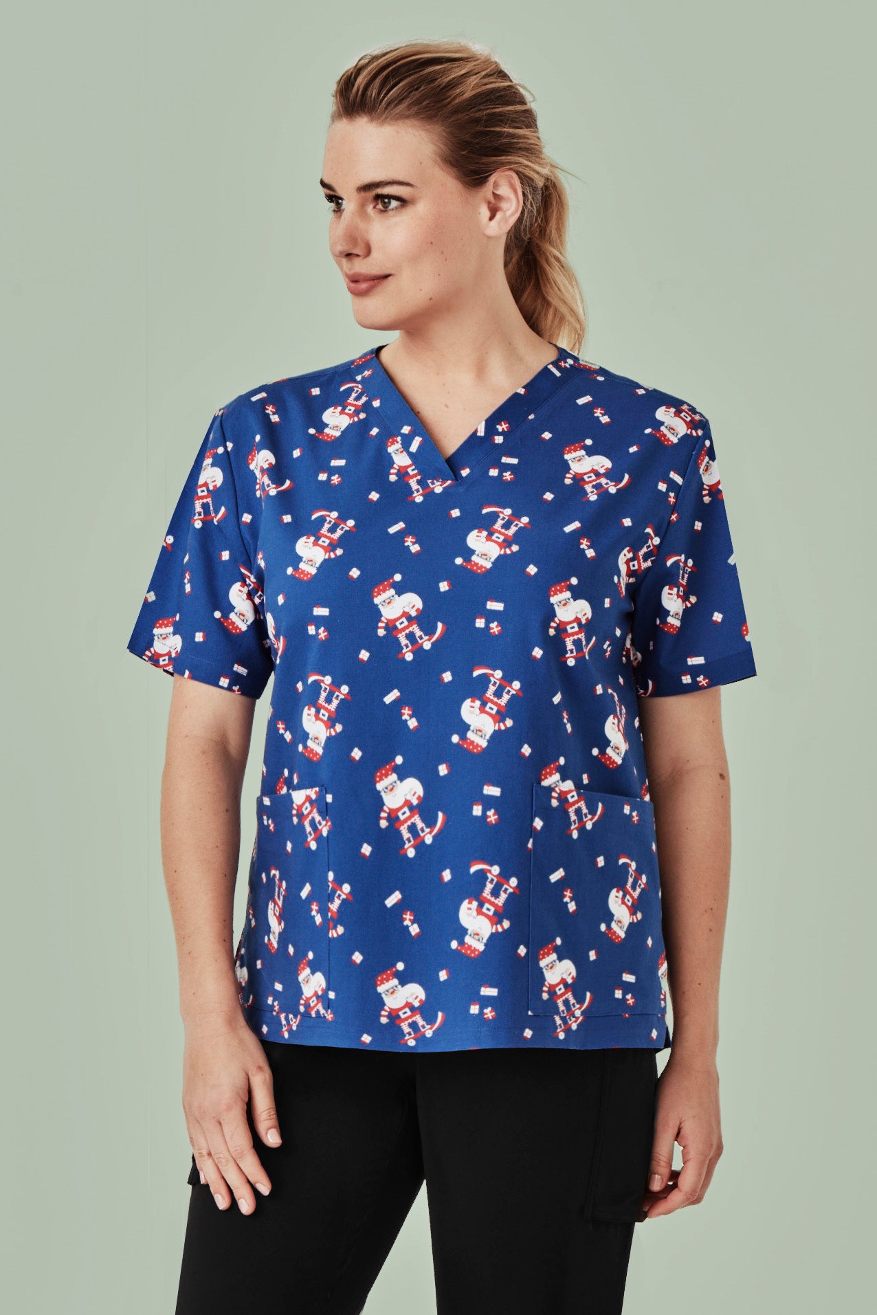 Biz Womens Christmas Scrubs Skateboarding Santa
