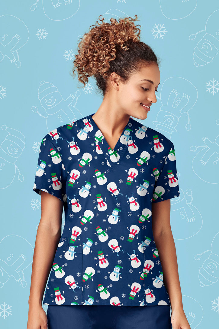 Biz Womens Christmas Scrubs Snowman