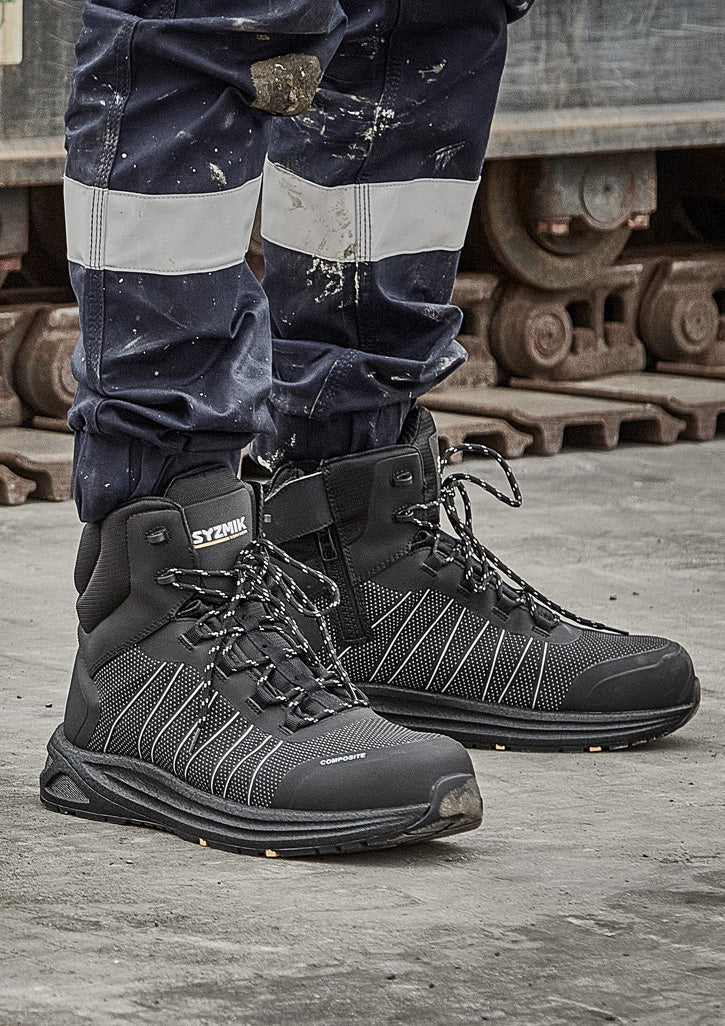 Syzmik UltraLite Mid Zip Black Reflective Safety Boot ZFL502 - Black (Black Reflective) - worn
