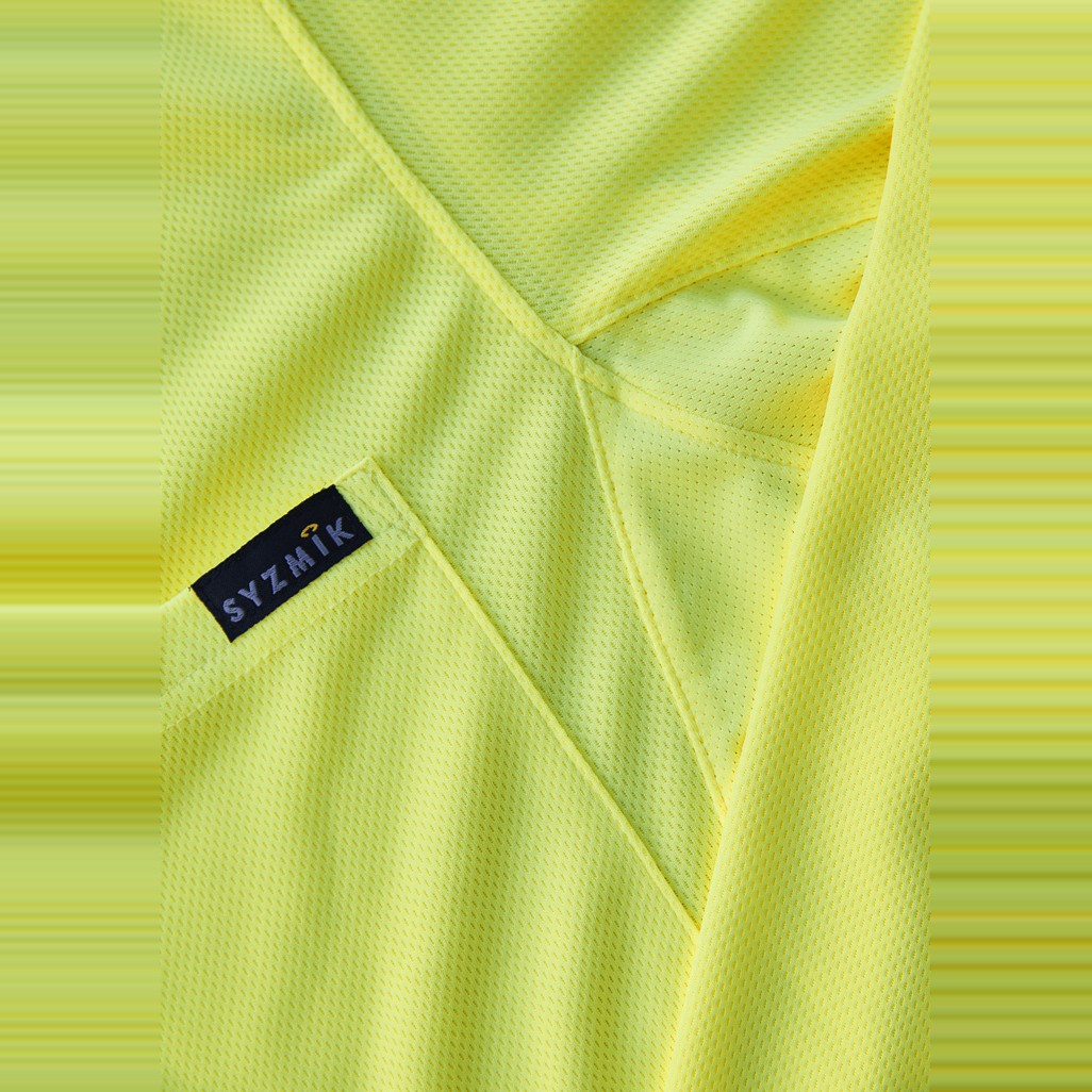 Syzmik Mens Hi Vis Flux Long Sleeve Polo ZH310 in Yellow/Navy, worn by model, view 5