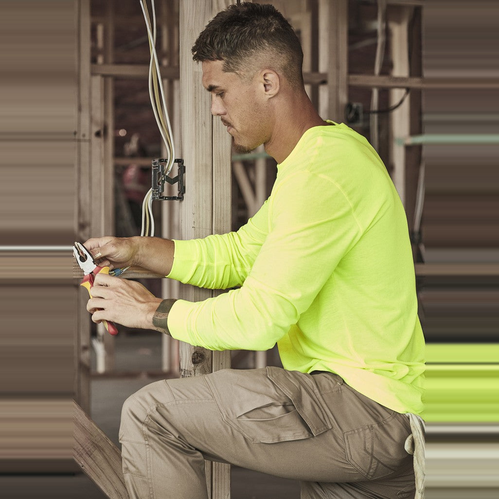 Syzmik Mens Hi Vis Long Sleeve Tee ZH390 in Yellow, worn by model, view 2