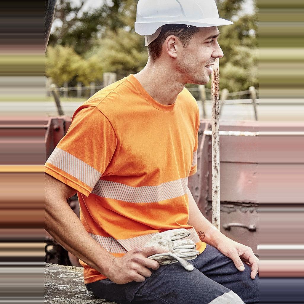 Syzmik Mens Hi Vis Segmented Tape Cotton Tee ZH510 in Orange, worn by model, view 2