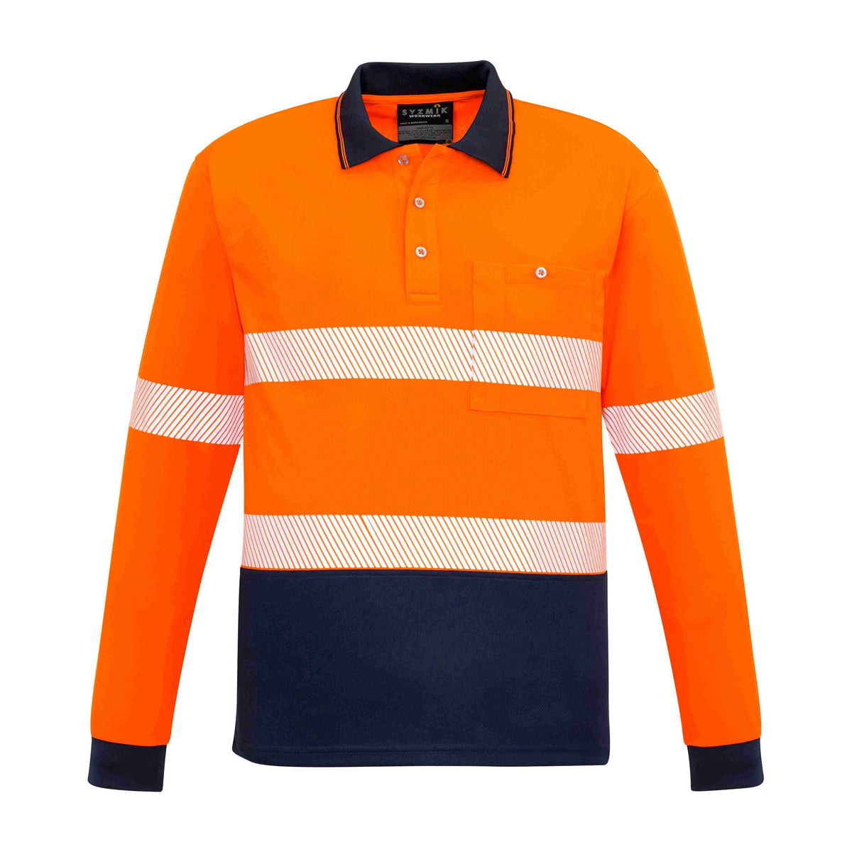Syzmik Unisex Hi Vis Segmented Tape Long Sleeve Polo ZH530 CLEARANCE in Orange/Navy