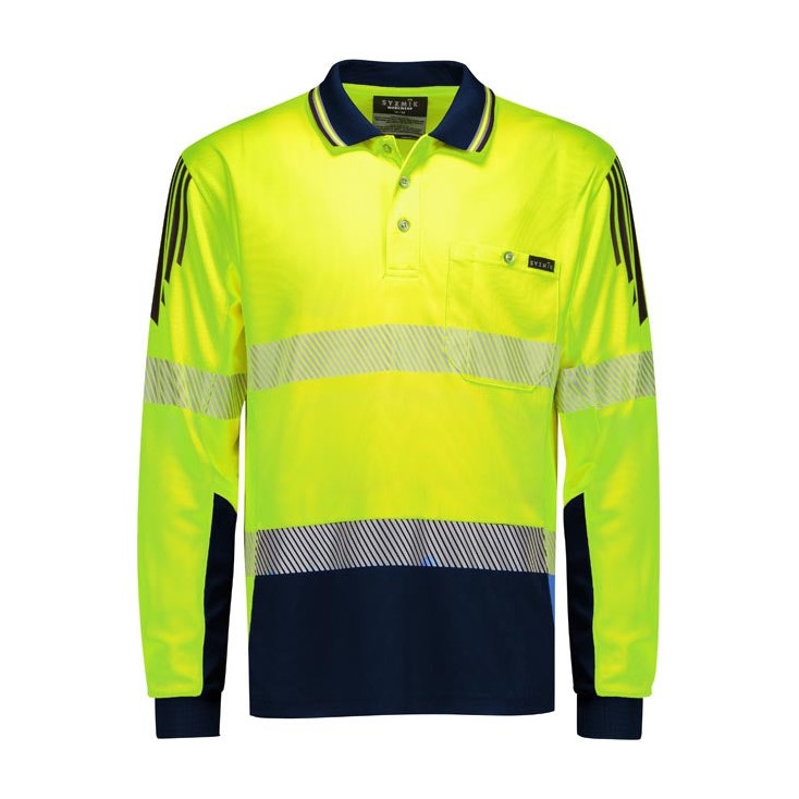 Syzmik Mens Hi Vis Flux Segmented Tape Long Sleeve Polo ZH550 in Yellow/Navy