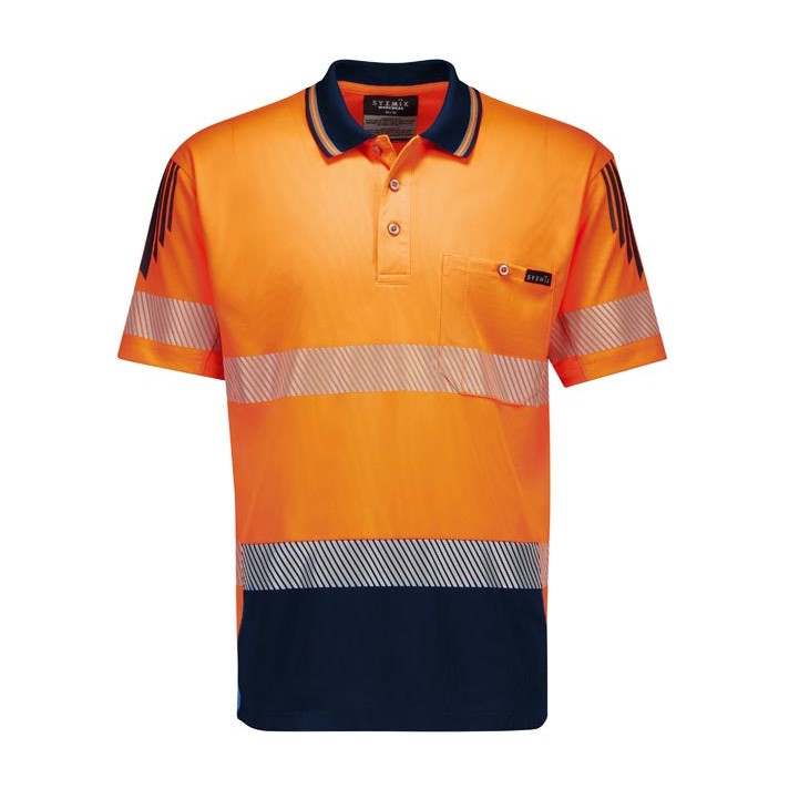 Syzmik Mens Hi Vis Flux Segmented Tape Short Sleeve Polo ZH555 in Orange/Navy