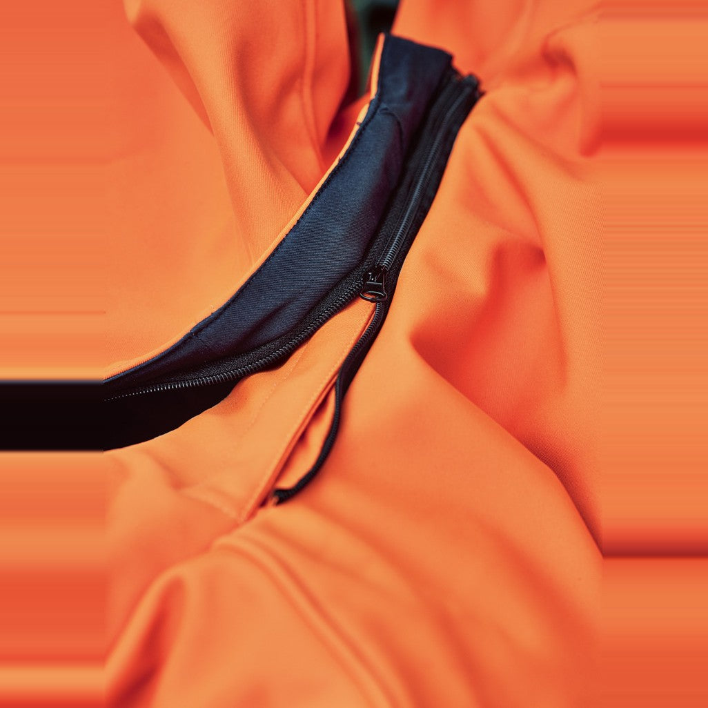 Syzmik Unisex Hi Vis Antarctic Softshell Jacket ZJ553 in Orange/Navy, worn by model, view 4