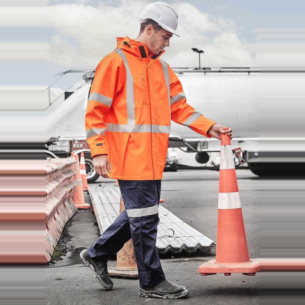 Syzmik Mens Hi Vis X Back Heavy Duty Waterproof Jacket ZJ620-AU in Orange, worn by model, view 3