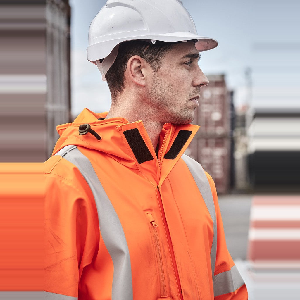Syzmik Mens Hi Vis X Back Heavy Duty Waterproof Jacket ZJ620-AU in Orange, worn by model, view 4