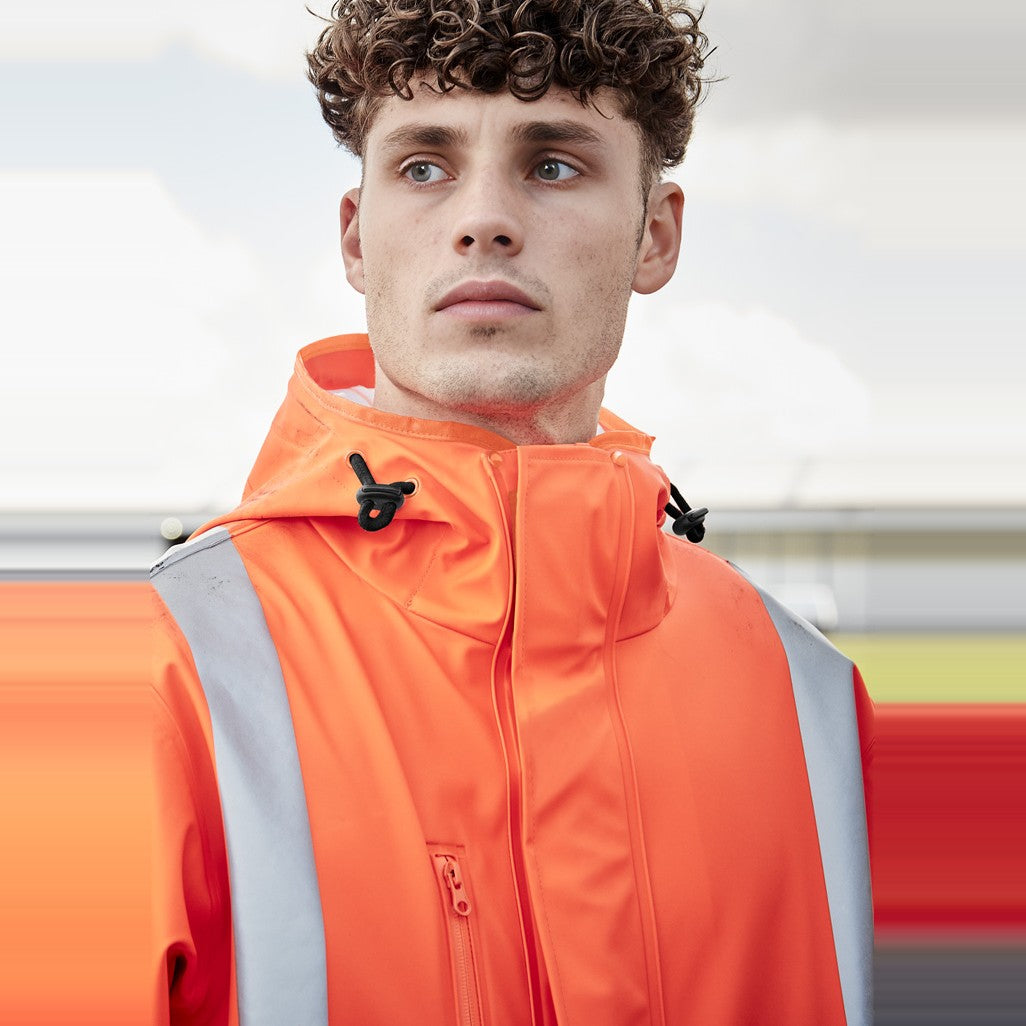 Syzmik Mens Hi Vis X Back Heavy Duty Waterproof Jacket ZJ620-AU in Orange, worn by model, view 8