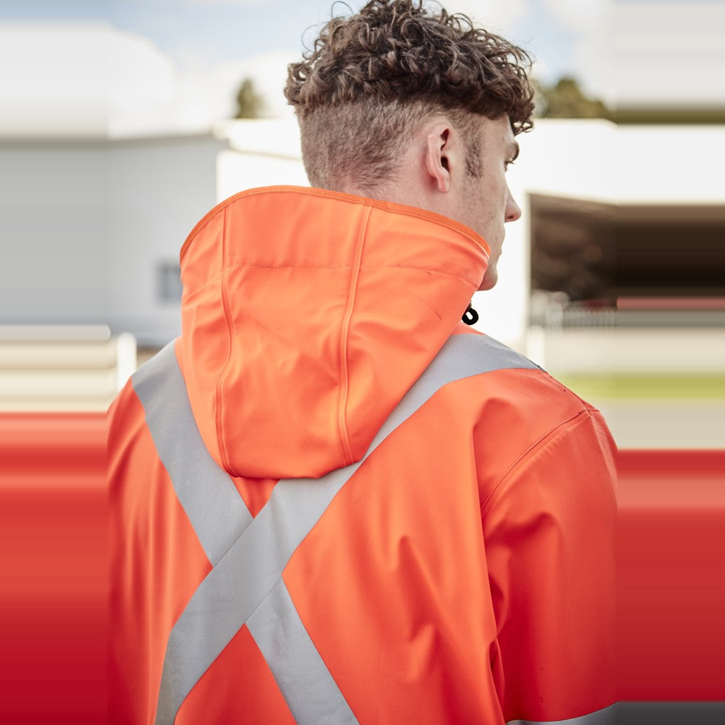 Syzmik Mens Hi Vis X Back Heavy Duty Waterproof Jacket ZJ620-AU in Orange, worn by model, view 10