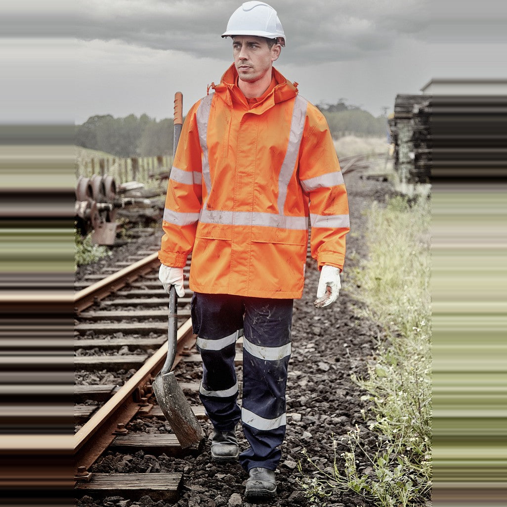 Syzmik Mens Hi Vis X Back Ultralite Waterproof Jacket ZJ657-AU in Orange, worn by model, view 3