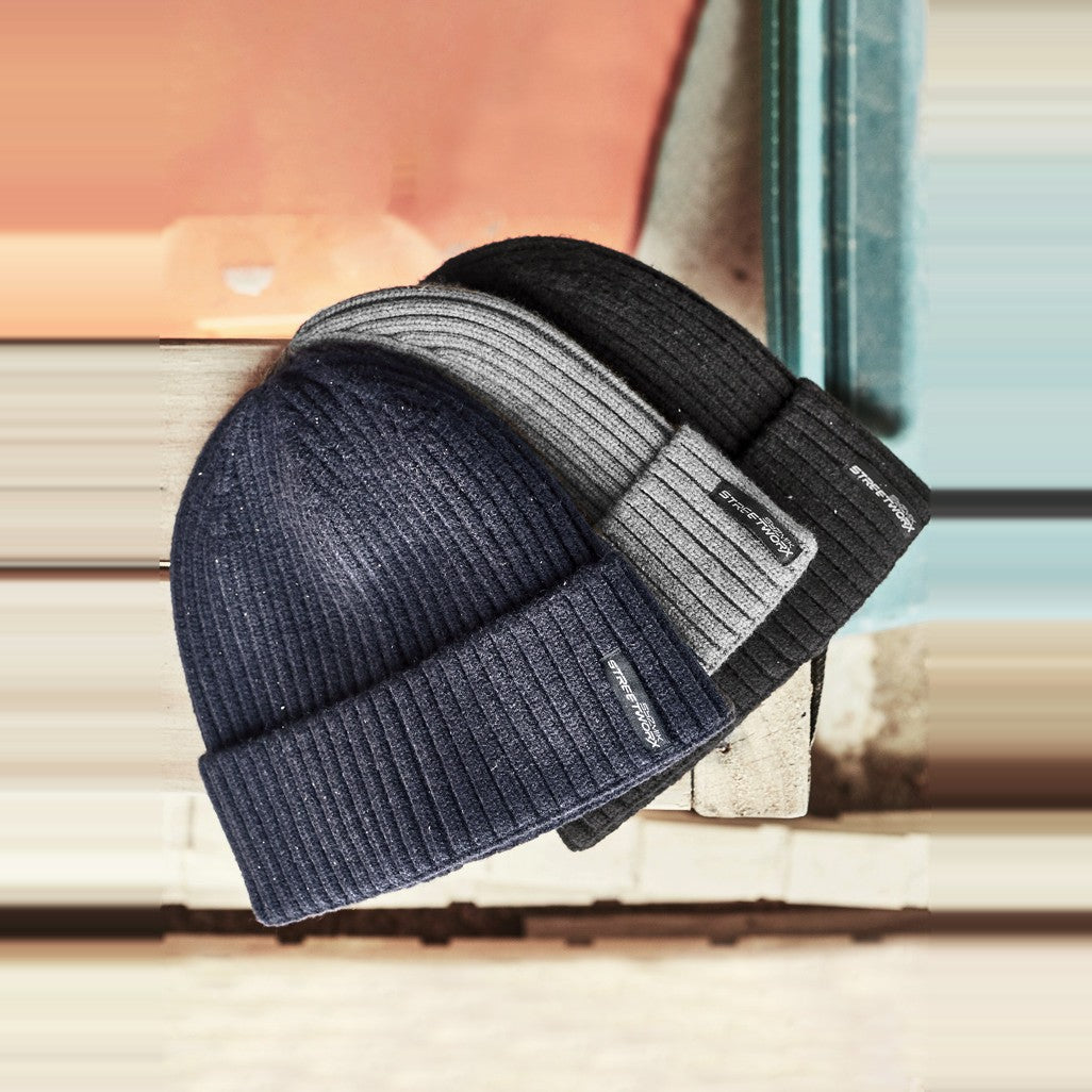 Syzmik Unisex Streetworx Beanie ZMBEAN in Black, worn by model