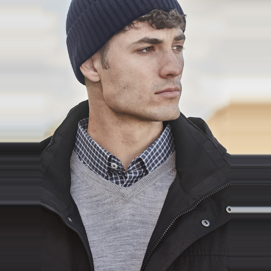 Syzmik Unisex Streetworx Beanie ZMBEAN in Navy, worn by model, view 3