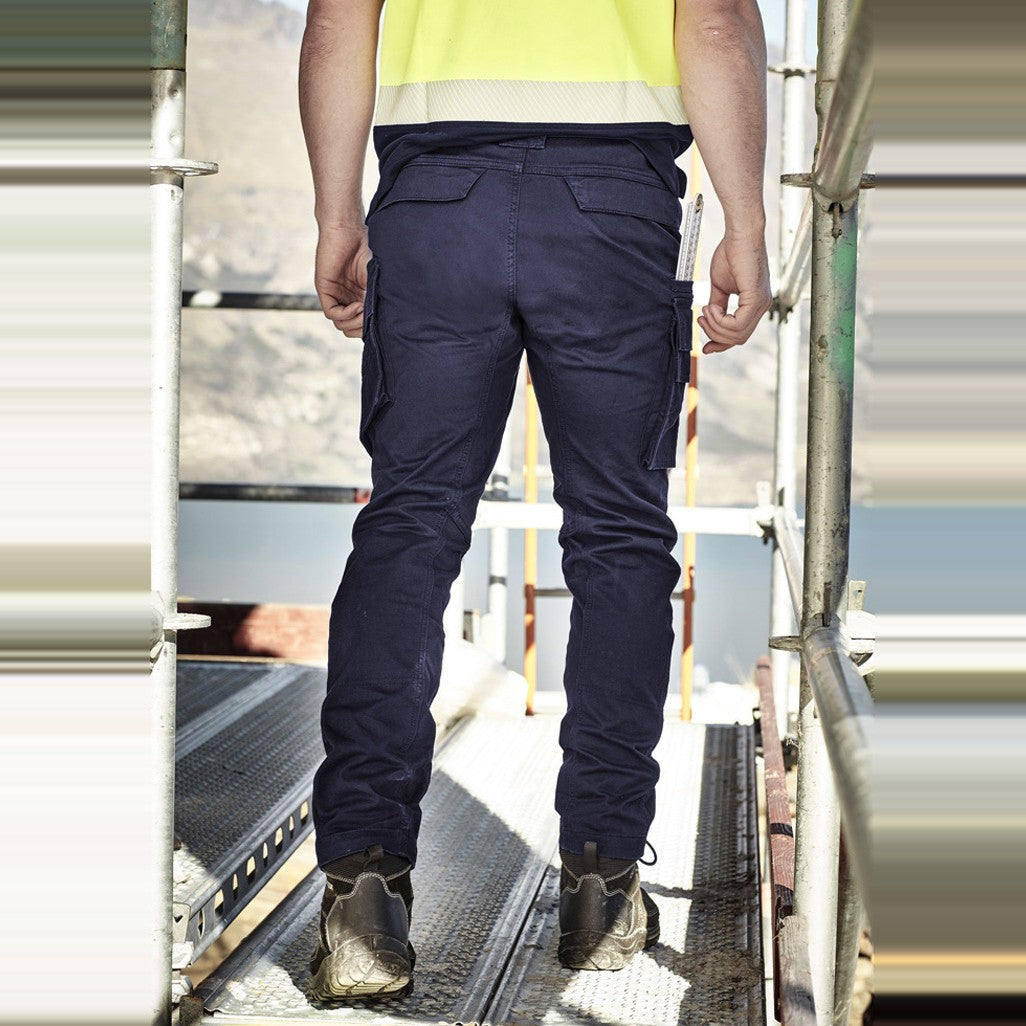 Syzmik Mens Streetworx Curved Cargo Pant ZP360 in Navy, worn by model, view 2
