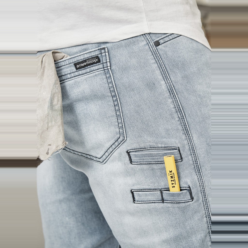 Syzmik Mens Streetworx Stretch Jean ZP540 in Light Blue, worn by model, view 3