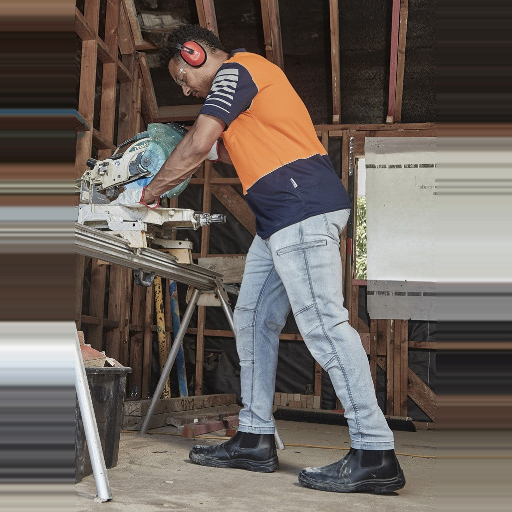 Syzmik Mens Streetworx Stretch Jean ZP540 in Light Blue, worn by model, view 5