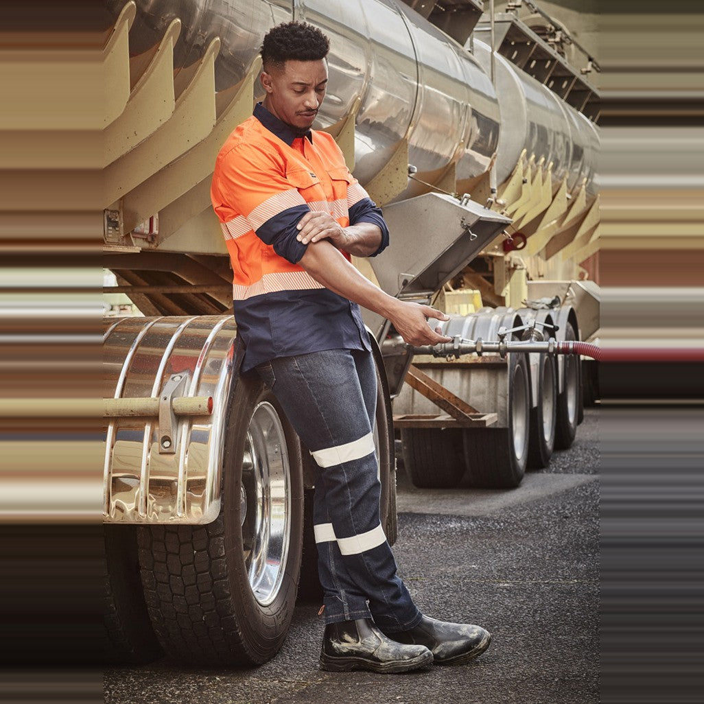 Syzmik Mens Bio Motion Taped Stretch Jean ZP907 in Denim, worn by model, view 5