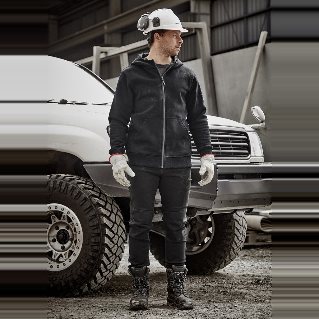 Syzmik Unisex Zip Front Multi-Pocket Hoodie ZT468 in Black/Charcoal, worn by model, view 2
