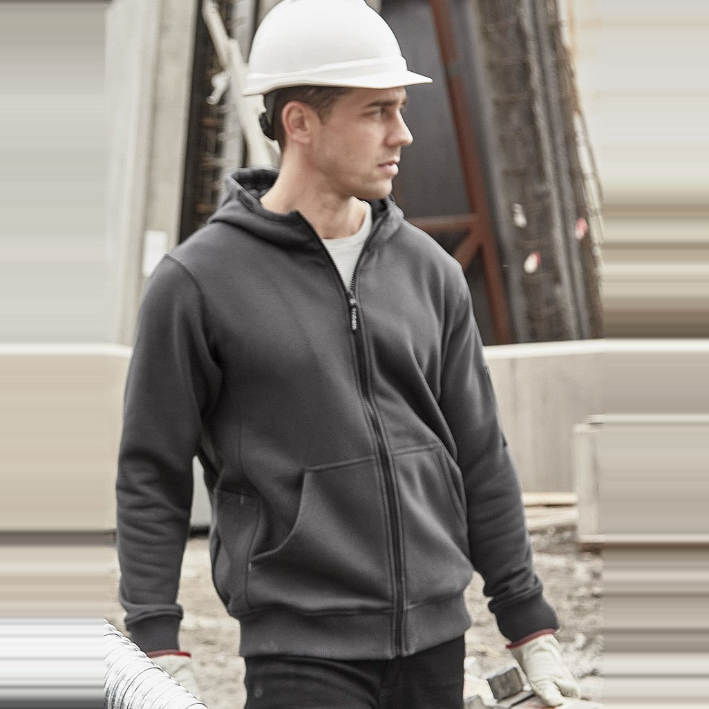 Syzmik Unisex Zip Front Multi-Pocket Hoodie ZT468 in Charcoal/Black, worn by model, view 3