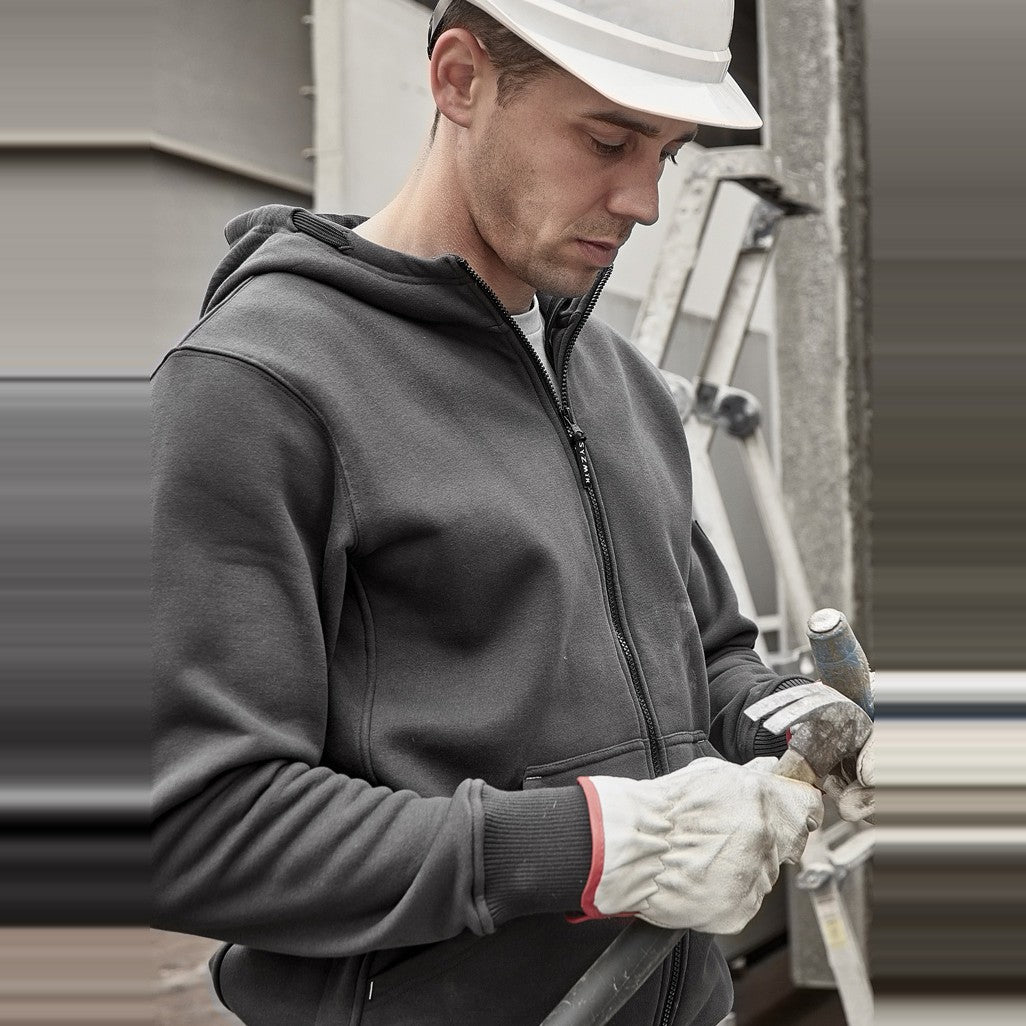 Syzmik Unisex Zip Front Multi-Pocket Hoodie ZT468 in Charcoal/Black, worn by model, view 4
