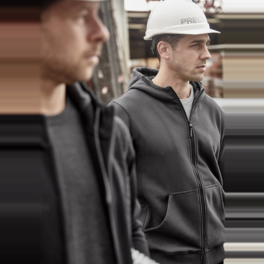 Syzmik Unisex Zip Front Multi-Pocket Hoodie ZT468 in Charcoal/Black, worn by model, view 5