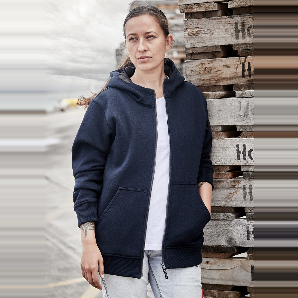 Syzmik Unisex Zip Front Multi-Pocket Hoodie ZT468 in Navy/Charcoal, worn by model
