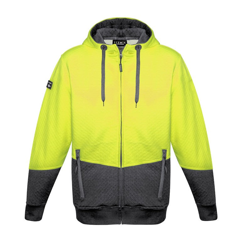 Syzmik Unisex Hi Vis Textured Jacquard Full Zip Hoodie ZT478, worn by model