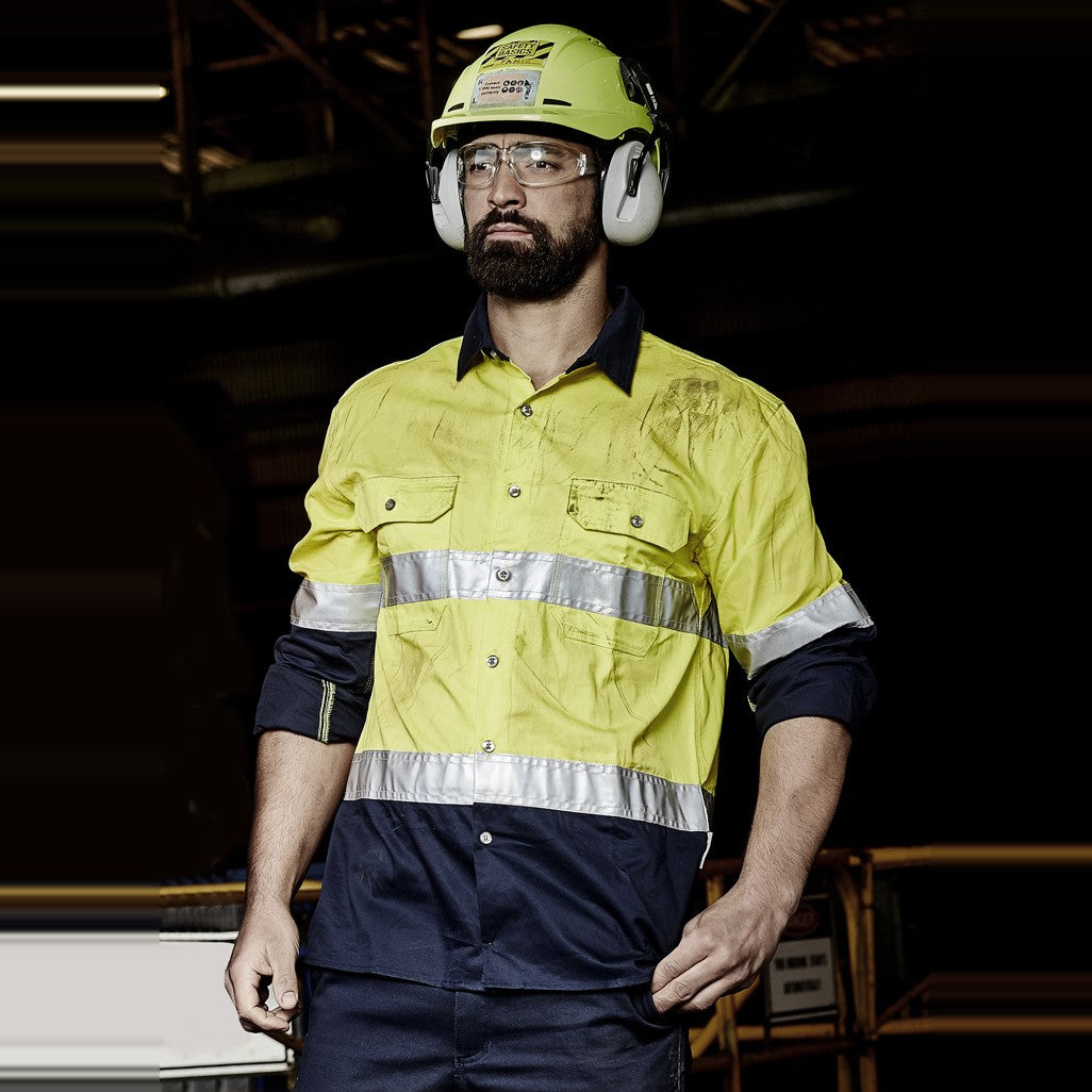 Syzmik Mens Industrial Long Sleeve Shirt - Hoop Taped ZW123 in Yellow/Navy, worn by model