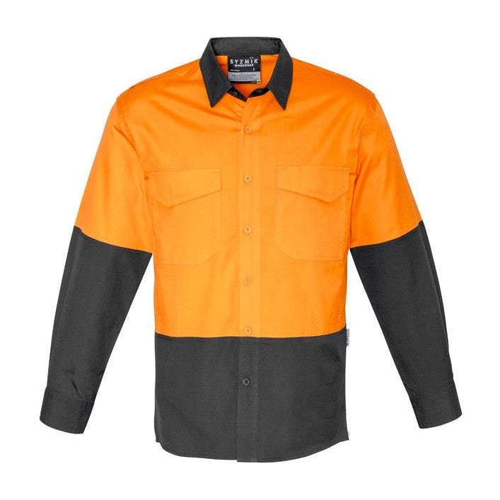 Syzmik Mens Rugged Cooling Hi Vis Long Sleeve Shirt ZW128 in Orange/Charcoal