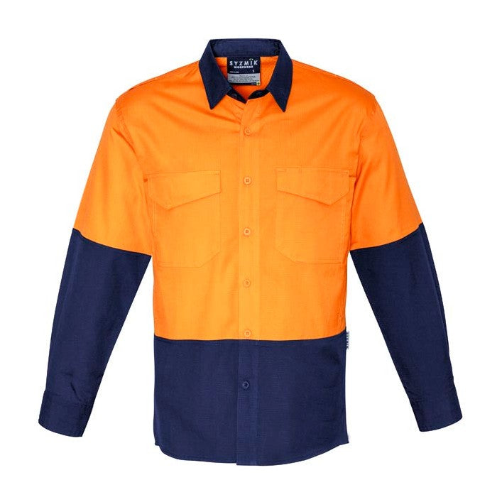 Syzmik Mens Rugged Cooling Hi Vis Long Sleeve Shirt ZW128 in Orange/Navy