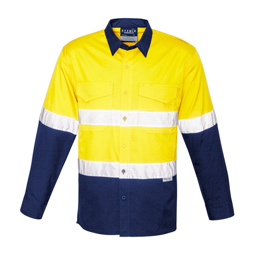 Syzmik Mens Rugged Cooling Taped Hi Vis Spliced Shirt ZW129 in Yellow/Navy
