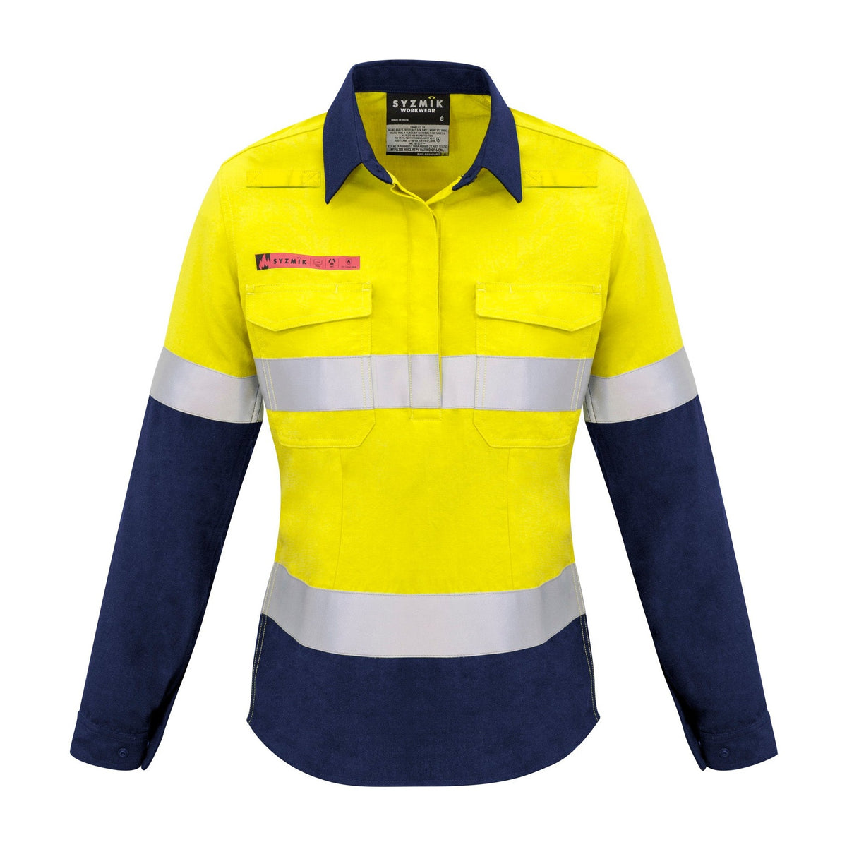 Syzmik Womens FR Closed Front Hooped Taped Spliced Shirt ZW131 in Yellow/Navy