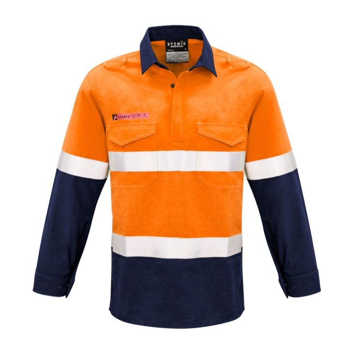 Syzmik Mens FR Closed Front Hooped Taped Spliced Shirt ZW133, worn by model