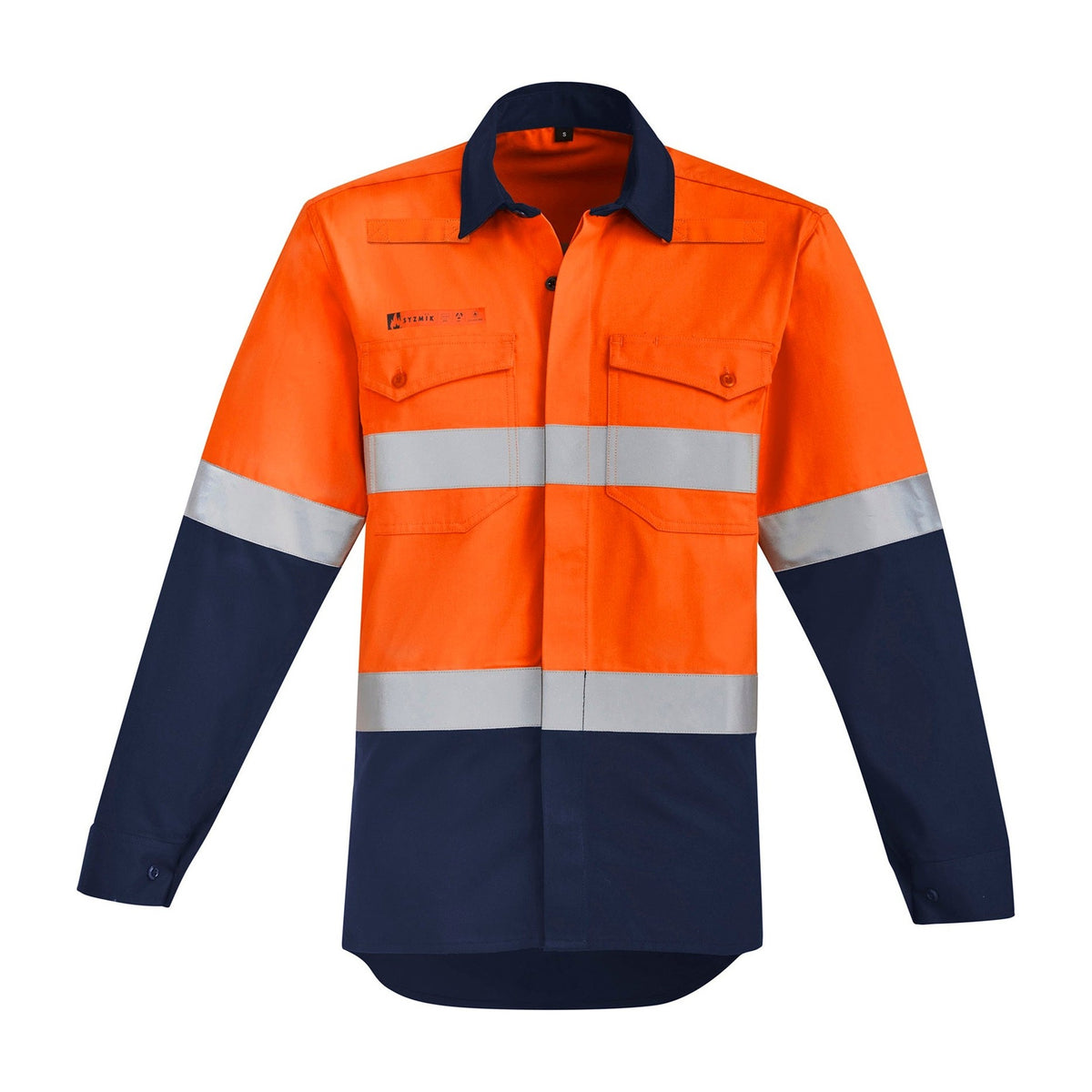 Syzmik Mens Orange Flame Hi Vis Open Front Spliced Shirt - Hoop Taped ZW140 in Orange/Navy