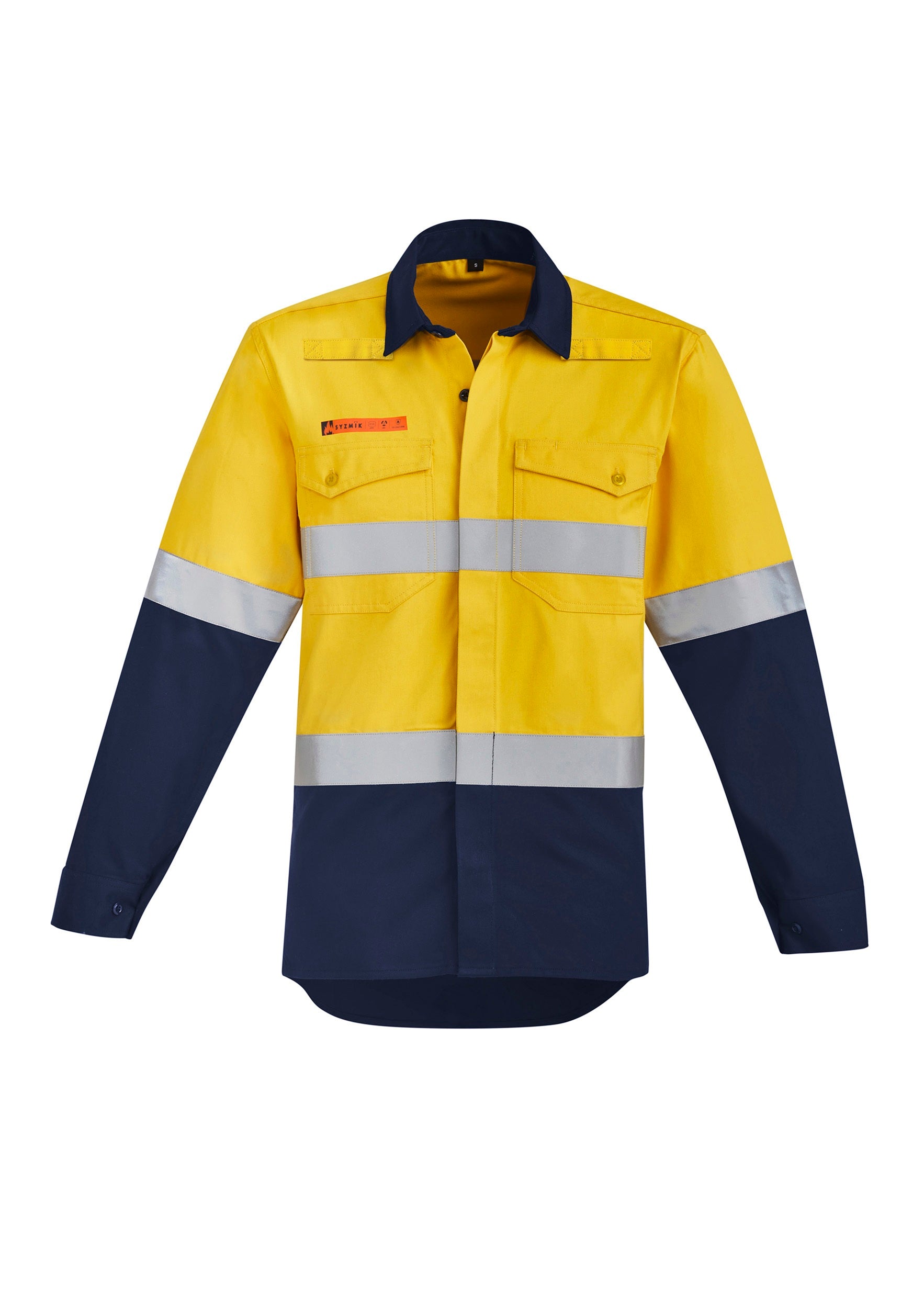 Syzmik Mens Orange Flame Hi Vis Open Front Spliced Shirt - Hoop Taped ZW140