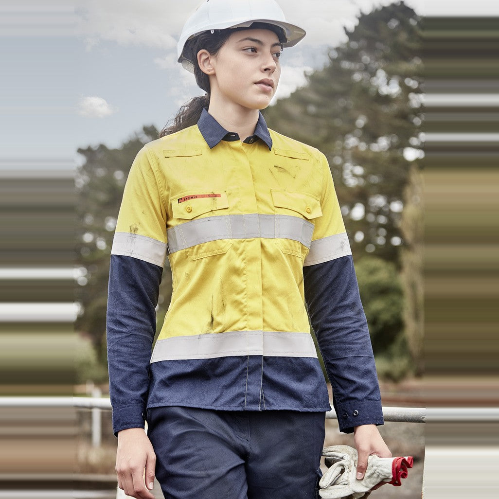 Syzmik Womens Orange Flame Lightweight Ripstop Taped Shirt ZW170 in Yellow/Navy, worn by model