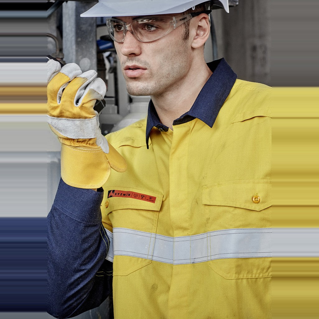 Syzmik Mens Orange Flame Lightweight Ripstop Shirt - Hoop Taped ZW180 in Yellow/Navy, worn by model, view 2