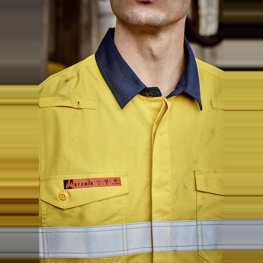 Syzmik Mens Orange Flame Lightweight Ripstop Shirt - Hoop Taped ZW180 in Yellow/Navy, worn by model, view 3