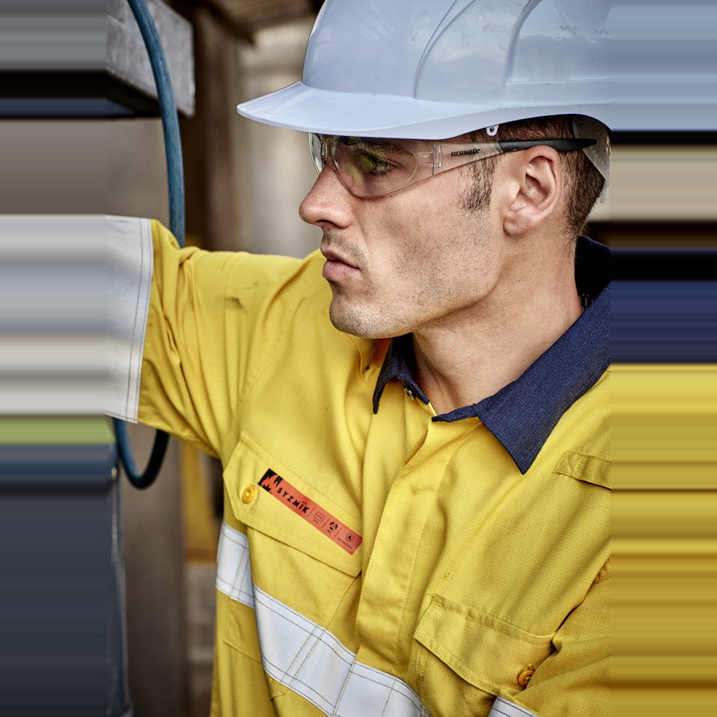 Syzmik Mens Orange Flame Lightweight Ripstop Shirt - Hoop Taped ZW180 in Yellow/Navy, worn by model, view 5