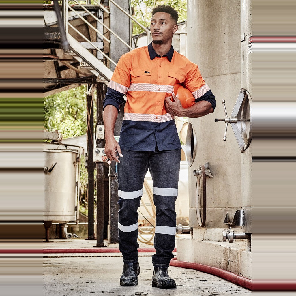 Syzmik Mens Rugged Cooling Hi Vis Segmented Tape Long Sleeve Shirt ZW229 in Orange/Navy, worn by model, view 2