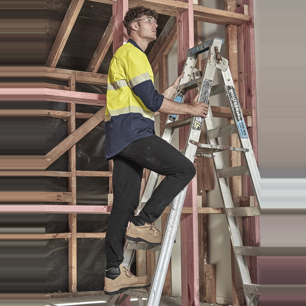 Syzmik Mens Rugged Cooling Hi Vis Segmented Tape Long Sleeve Shirt ZW229 in Yellow/Navy, worn by model, view 2