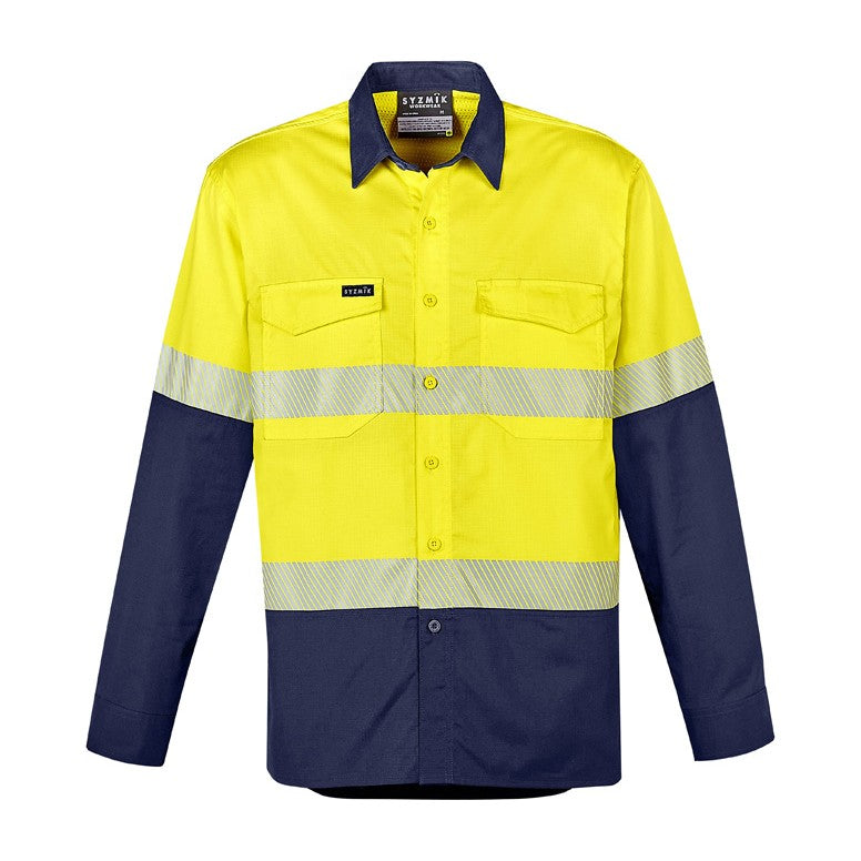 Syzmik Mens Rugged Cooling Hi Vis Segmented Tape Long Sleeve Shirt ZW229 in Yellow/Navy