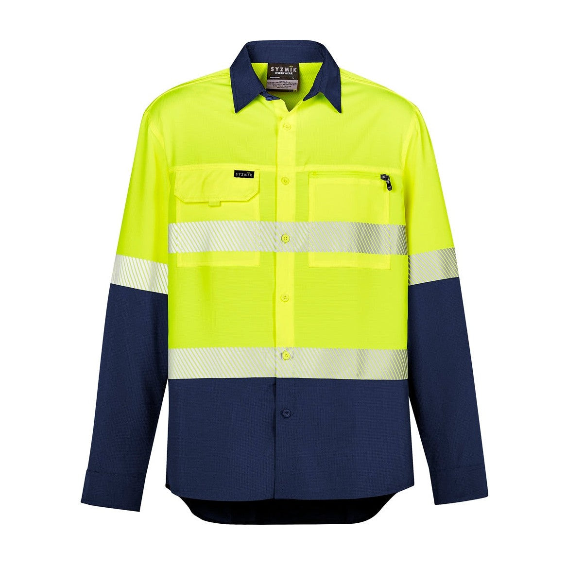 Syzmik Mens Hi Vis Outdoor Segmented Tape Long Sleeve Shirt ZW470 in Yellow/Navy