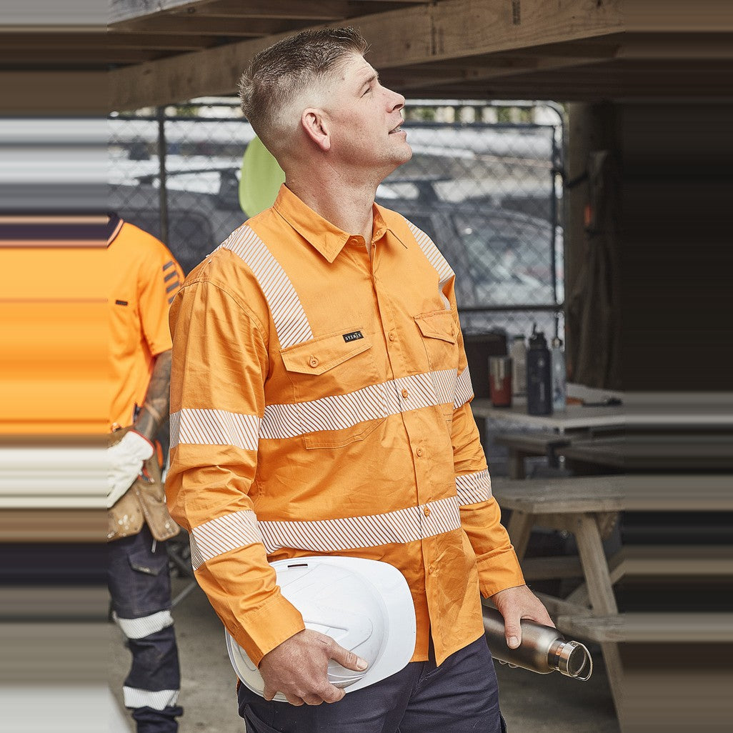 Syzmik Mens VIC Rail Shirt - Segmented Tape ZW682 in Vic Rail Orange, worn by model