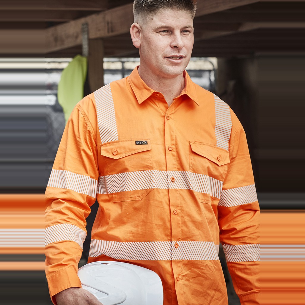 Syzmik Mens VIC Rail Shirt - Segmented Tape ZW682 in Vic Rail Orange, worn by model, view 2