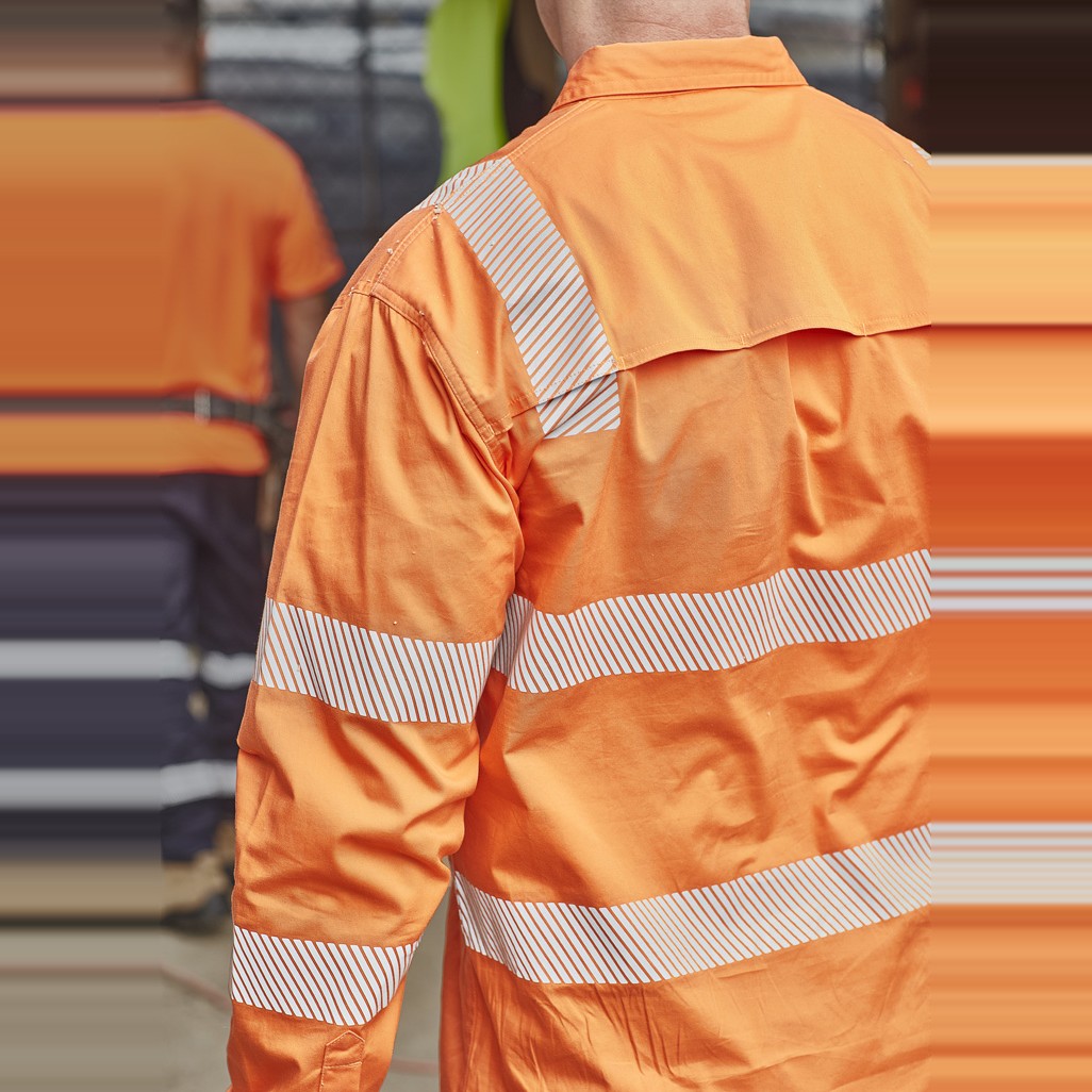 Syzmik Mens VIC Rail Shirt - Segmented Tape ZW682 in Vic Rail Orange, worn by model, view 4